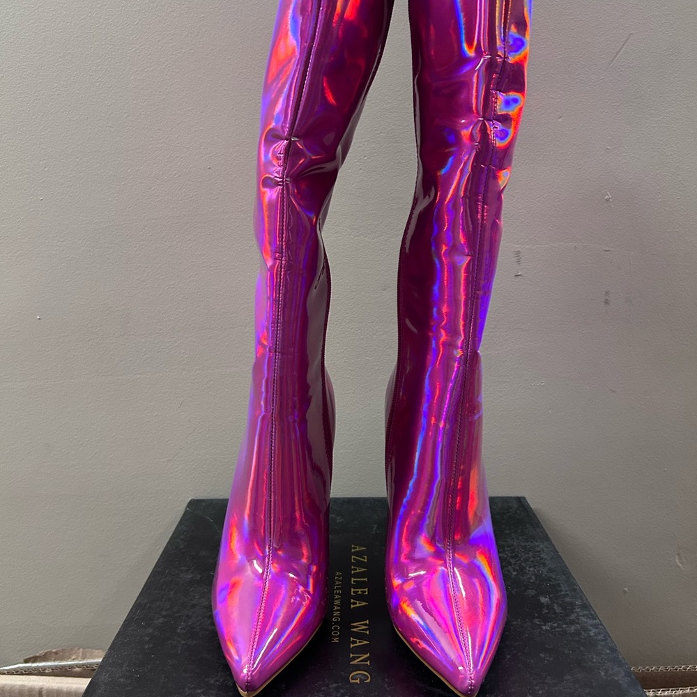 Pink Heeled Boots with Glossy Finish and Stiletto Heel